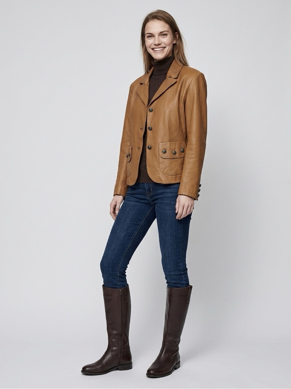 Ikks Cognac Brown Lamb Leather Blazer Jacket